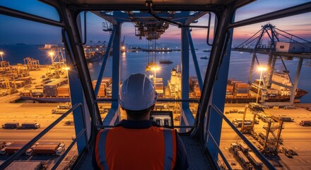 A worker in a crane cabin overseeing a busy port at dusk, illuminated by artificial lights.