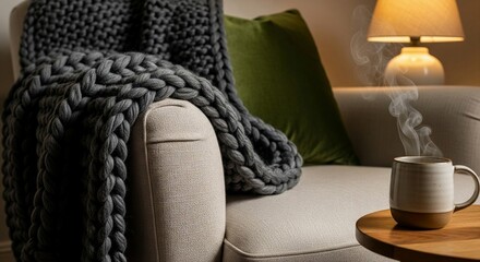 A close-up shot captures the inviting textures of a comfortable living space. A chunky, hand-knitted merino wool throw blanket in a charcoal grey drapes artfully over the arm of a light-toned