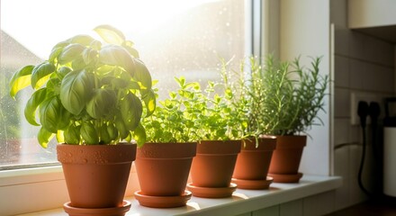 A close-up shot of a bright kitchen window sill adorned with a row of small, uniform terracotta pots. These pots hold fresh herbs, including vibrant basil, lush mint, and aromatic rosemary, all