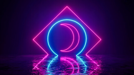 Neon Moon With Glowing Reflection