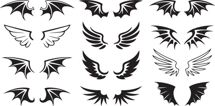 Assorted wings showcase variations of angel, demon, and bat, all in black on white