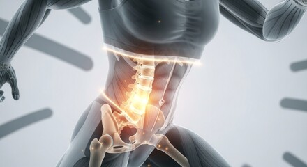 Anatomical illustration of a human body with highlighted spine and skeletal structure, showing the lower back.