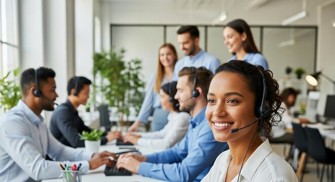 A diverse, multi-ethnic team of customer service agents works collaboratively in a bright, modern, open-plan office. The atmosphere is positive and energetic, with soft natural light from large - Powered by Adobe
