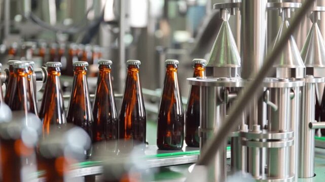 Automated industrial bottling line filling brown glass beverage bottles with precision machinery, modern manufacturing process showing high speed production workflow inside advanced drink processing f