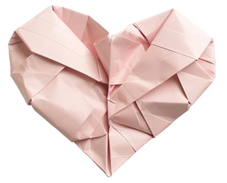 This cut-out element features a heart made from pink paper, showcasing intricate folds and creases. It is isolated on a transparent background, perfect for various creative projects
