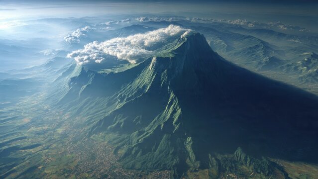 Breathtaking Aerial View of Majestic Mountain Peak Shrouded in Clouds with Lush Green Valley at Sunrise - Powered by Adobe