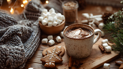 Fototapeta premium Christmas kitchen scene with cocoa mug, marshmallows, cinnamon, gingerbread and cozy blanket, center clean 