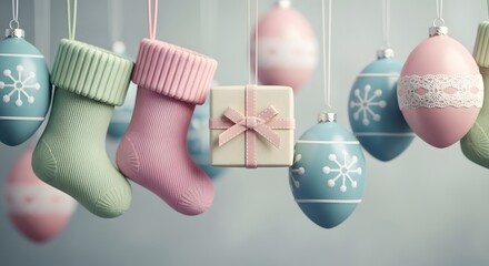Pastel christmas decorations hanging with stockings and gift box for festive season
