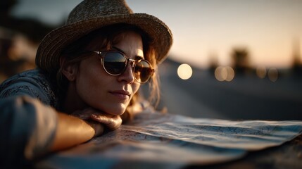 A thoughtful woman wears sunglasses and studies a map, seemingly lost in contemplation during sunset, embodying themes of exploration, discovery, and the journey of life at dusk’s embrace.