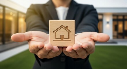 A real estate agent's hands present a wooden block engraved with a simple house icon, set against a warm, blurred background of a modern house exterior, conveying the concept of home ownership.