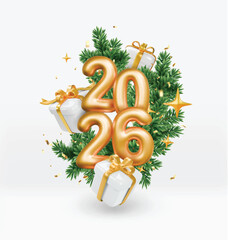 2026 golden text surrounded by white gift boxes and sparkles and christmas pine-tree branches. New Year sales and gifts, Christmas marketing, holiday promotions design.