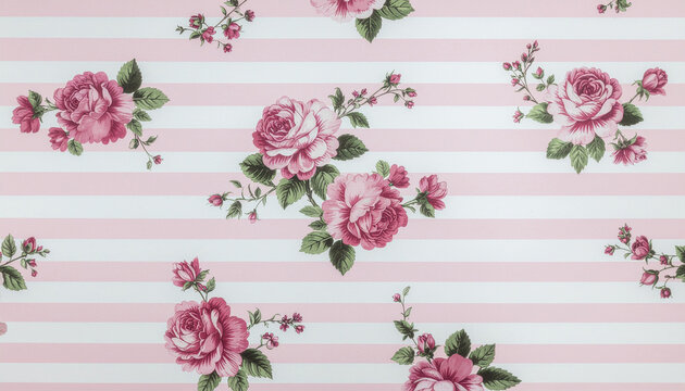 Vintage floral pattern of pink roses and green leaves on alternating light‑pink and white stripes &mdash; romantic wallpaper or fabric design for decor, textiles, and stationery.
