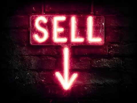 Glowing red neon sign displays "SELL" with an arrow pointing downwards on a dark textured brick wall indicating a price decrease now.