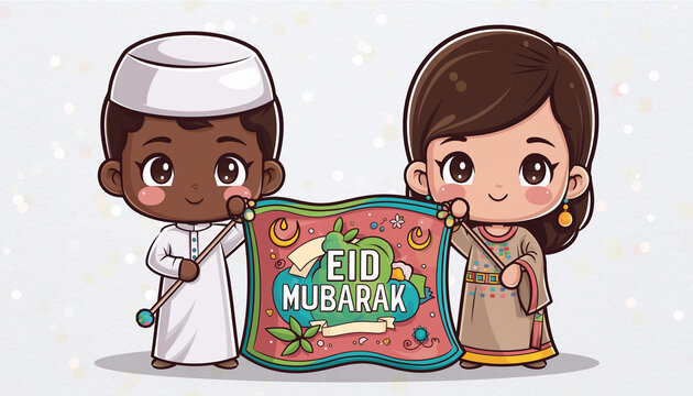 Two cartoon children holding eid mubarak banner celebrating islamic festival with joy and excitement in colorful and festive illustration.