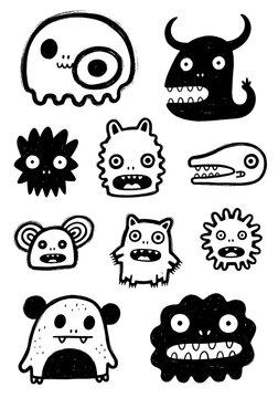 Massive collection of weird hand-drawn B&W cartoon monster doodles. Funny imaginary creature faces with spooky horns, sharp teeth, bizarre shapes. Ideal for scary holiday designs