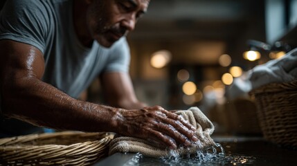 A man focuses intently while washing linen in a cozy studio setting, portraying dedication and hard work in everyday tasks, revealing the beauty of ordinary moments in artisanal craftsmanship.