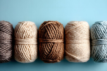 Skeins of neutral light-colored wool in a row on a blue background