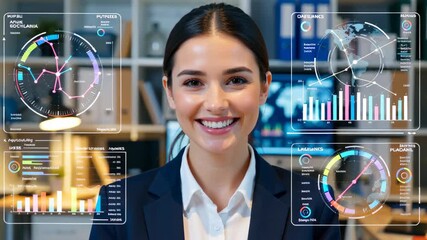 Confident young businesswoman in glasses standing behind holographic data charts and graphs looking directly at camera with subtle smile, concept of analytics software, business intelligence - Powered by Adobe