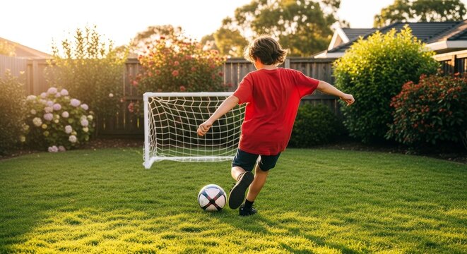 A young boy in a red shirt kicks a soccer ball towards the goal on a sunny day.