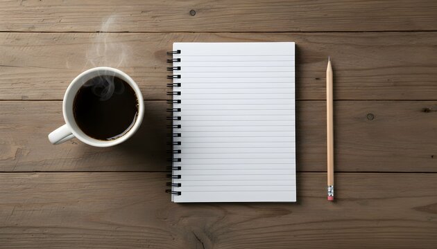 A steaming cup of black coffee next to a blank spiral notebook and a pencil on a wooden desk.