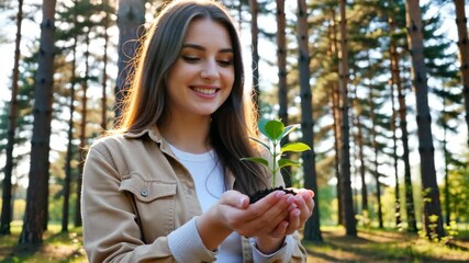 Young woman gently holding small green plant with soil in cupped hands in sunlit forest, gazing down tenderly at sprout, concept of eco brands, sustainability campaigns, environmental education - Powered by Adobe