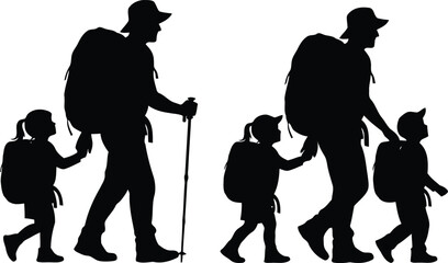 Obraz premium Father and children hiking adventure silhouette fatherhood family outdoor activity exploration journey vector
