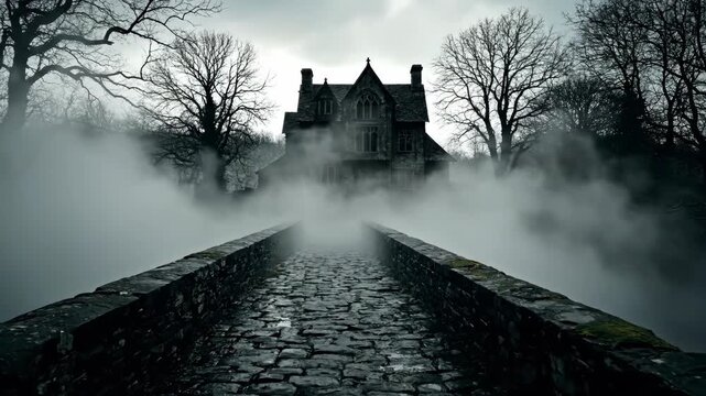 A misty path leads to a gothic mansion, framed by bare trees under a cloudy sky. The path is stone