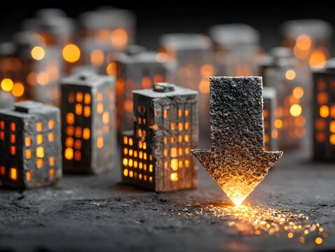 A symbolic downward arrow points towards miniature buildings with glowing representing economic decline and financial recession pressures.