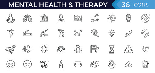 Mental health and therapy icon set. Wellness support, psychology, meditation, counseling, emotions, mindfulness, diagnosis, habits, recovery, stress relief illustration
