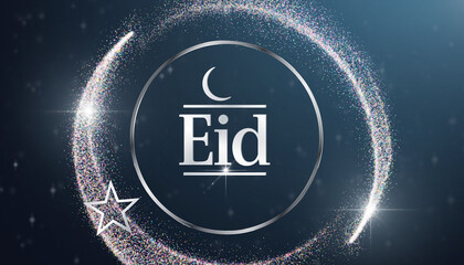 Elegant eid mubarak greeting sparkles with crescent moon and star on a dark blue backdrop, radiating festive joy and spiritual reflection.