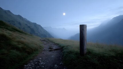 Moonlit mountain valley with a rugged trail enveloped in mist at twilight evoking a sense of serene explo n