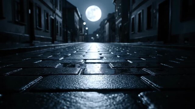 A captivating nighttime image of a cobblestone street reflecting the radiant moonlight. Buildings line both sides