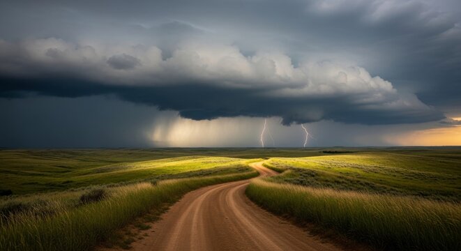 A winding dirt road leads towards a dramatic storm over a grassy landscape.