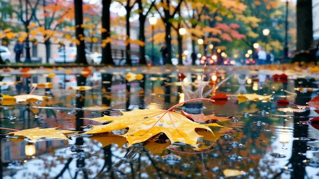 Golden maple leaf floating in rain puddle reflecting autumn trees and city lights, wet pavement with colorful foliage bokeh, moody fall scene, concept of seasonal decor, insurance ads, cozy cafes