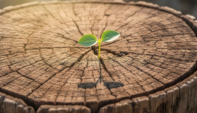 Close-up shot of a small plant sprouting from the center of a tree stump.