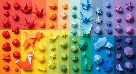 An artistic flat-lay showcases a meticulously organized arrangement of intricate origami animals and geometric shapes, spanning a perfect rainbow gradient from red to purple. The collection features