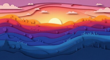 An intricate digital illustration showcasing a multi-layered paper-cut landscape at sunset. Rolling hills transition in color from deep blues and purples in the foreground to warm oranges and pinks