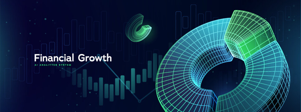 Business Data Analysis. Financial Growth Chart With Futuristic 3D Analytics Pie Chart And Digital Data Grid. Financial Graphs, Marketing, Stock Market Vector Illustration.