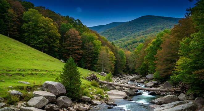 Autumn mountain landscape with clear river and changing foliage - Powered by Adobe