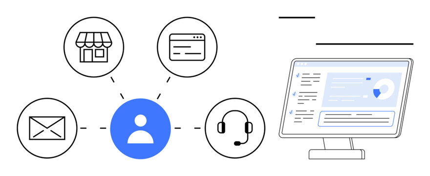 User at the center connected to store, website, email, support, and communication tools. Ideal for networking, digital marketing, CRM, support services customer focus technology seamless - Powered by Adobe