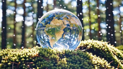 Crystal globe showing earth resting on lush green moss in sunny forest, blurred trees bokeh, concept of ecology protection, green energy, sustainability - Powered by Adobe