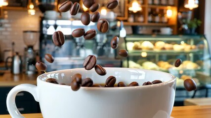 Roasted coffee beans falling into white cup with splash in cozy modern cafe interior with warm lights and blurred pastry display, concept of coffee shop chains, premium roasters