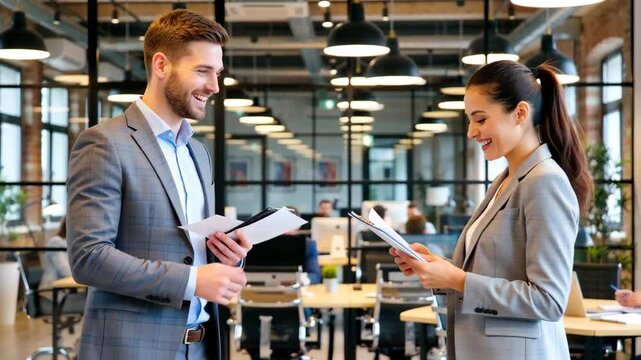 Smiling business man and woman in grey suits discussing documents in modern open plan office, both looking at each other with happy expressions, concept of corporate training, recruitment agencies