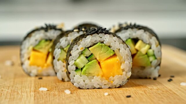Sushi rolls, containing avocado, cucumber, and mango, lie on a wooden cutting board. Sesame seeds garnish seaweed wrapping
