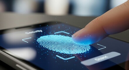 A photorealistic macro shot captures a finger pressing onto a smartphone screen, where a glowing blue digital fingerprint pulsates with data points, symbolizing biometric security and digital identity