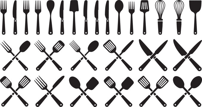 Kitchen tools featuring silhouettes of forks, spoons, knives, spatulas, and a whisk are displayed