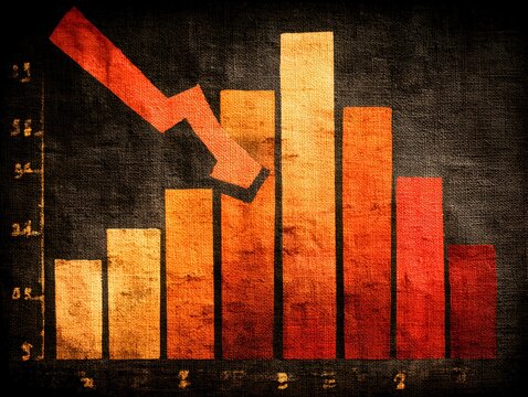 An abstract grungy depiction of a financial chart with a prominent red arrow indicating a significant downward trend in the market analysis.