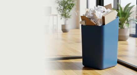 Blue recycling bin filled with crumpled paper in modern office  