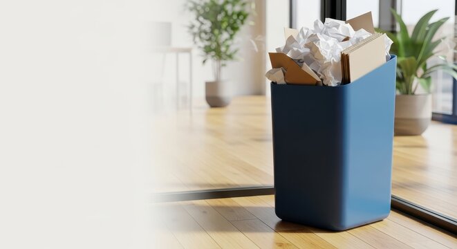 Blue recycling bin filled with crumpled paper in modern office  