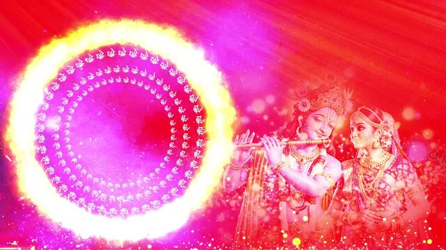 radhe radhe text  Rotating on Spiritual Background Loop